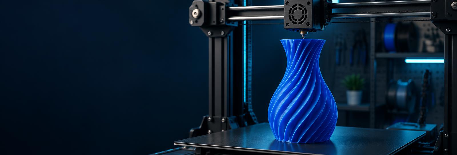 Impressora 3D produzindo um vaso azul